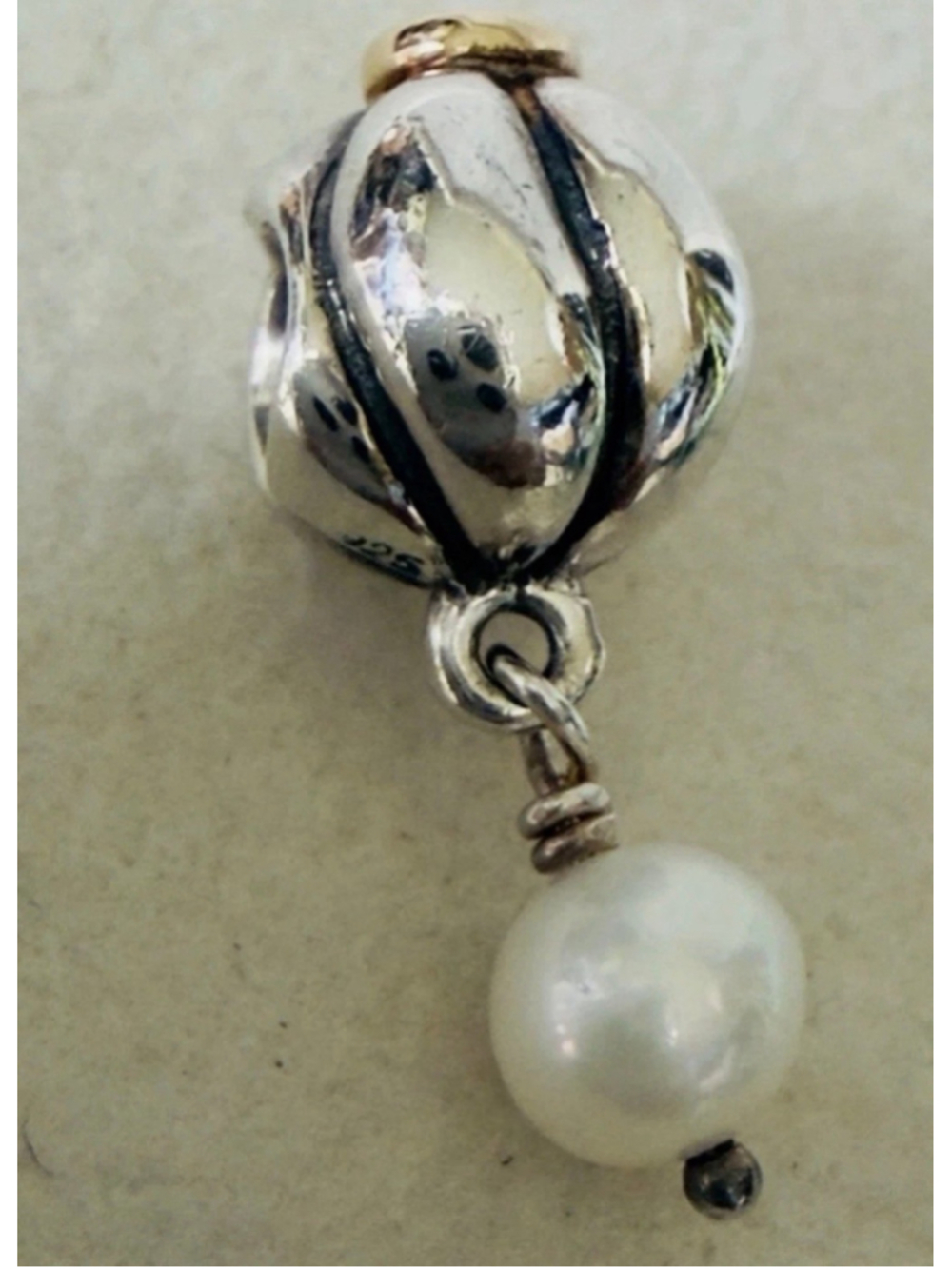 Pandora Sterling Silver & 14k Gold Blooming Pearl CZ Dangle Charm ❗️RETIRED❗️